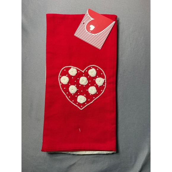 Other - NWT Red White Valentines Day Kitchen Towel Set Heart Rosette Pearl Embroidery